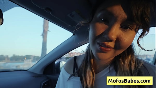 Sexy asian hottie play with her natural big boobs in the car in front of her friend (Tomie Tang, Charles Dera)