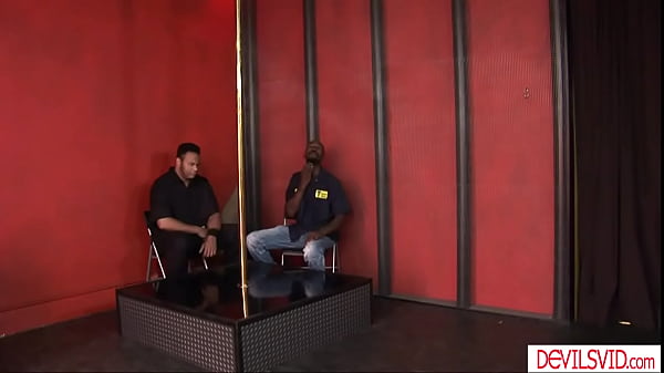 Petite white pole dancer double penetrated by two black men