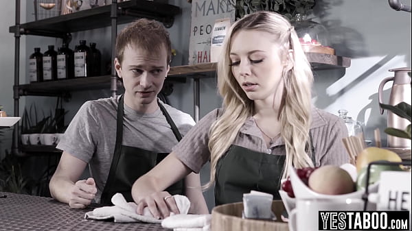 Petite blonde barista blows and fucks her cheating BF in the cafe